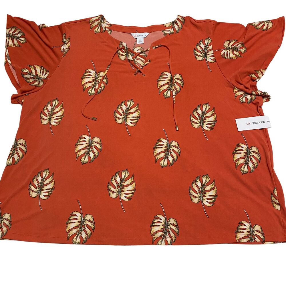 Liz Claiborne Womens Split Tie Neck Short Sleeve Chili Leaf Blouse, 3X, Fall top